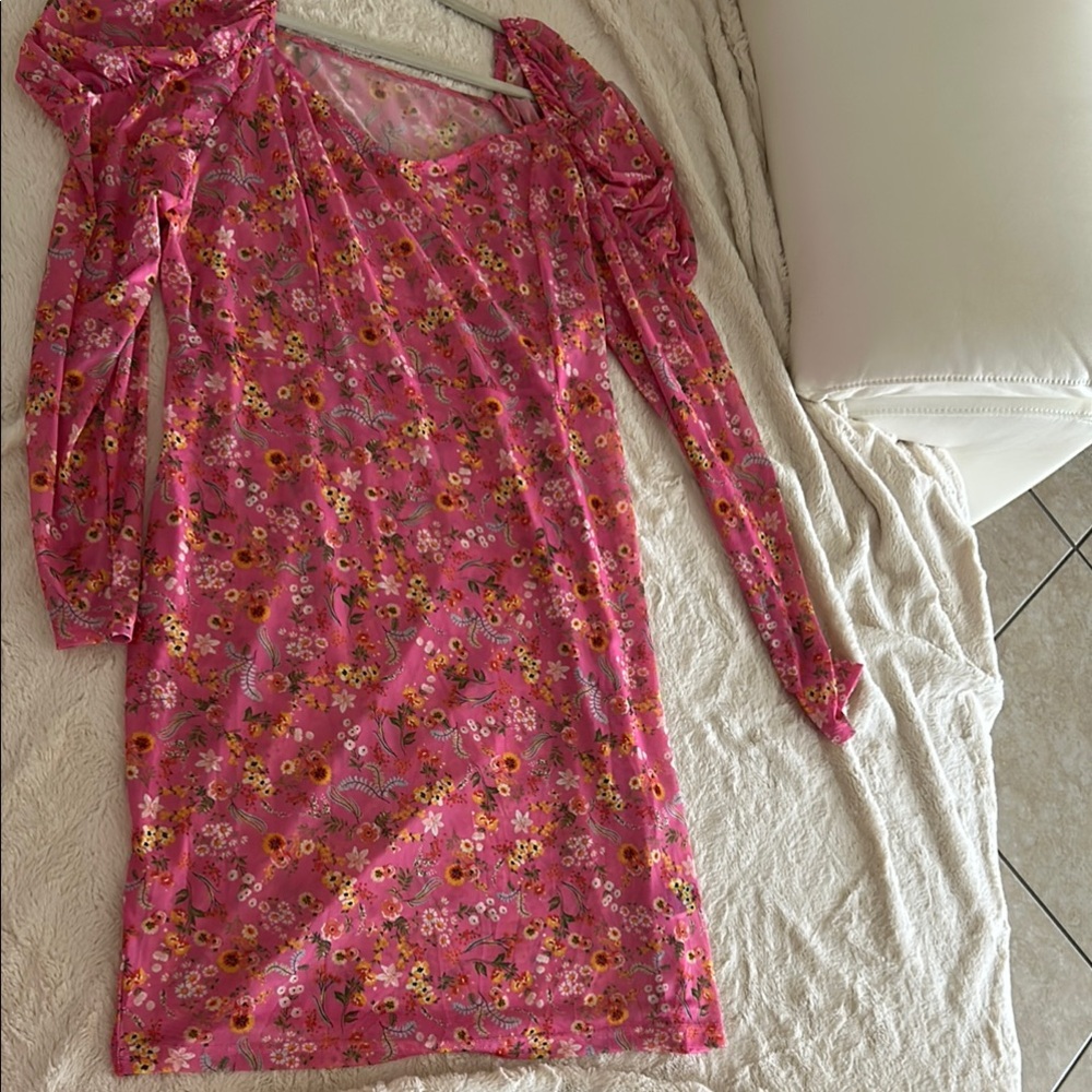Floral Pink Long Sleeve See-Through Dress